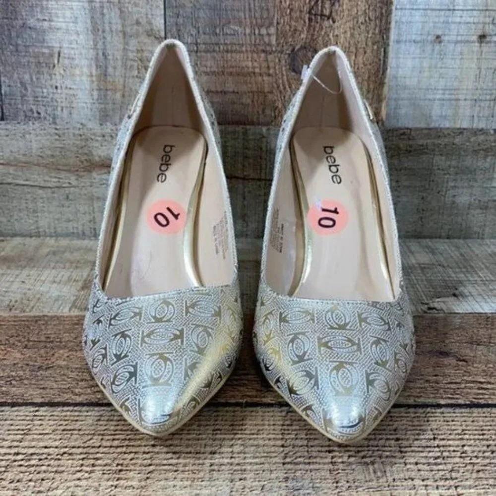Bebe Metallic Saydee Logo Silver Pumps Heels Womens 10‎ Pointed Toe Slip On